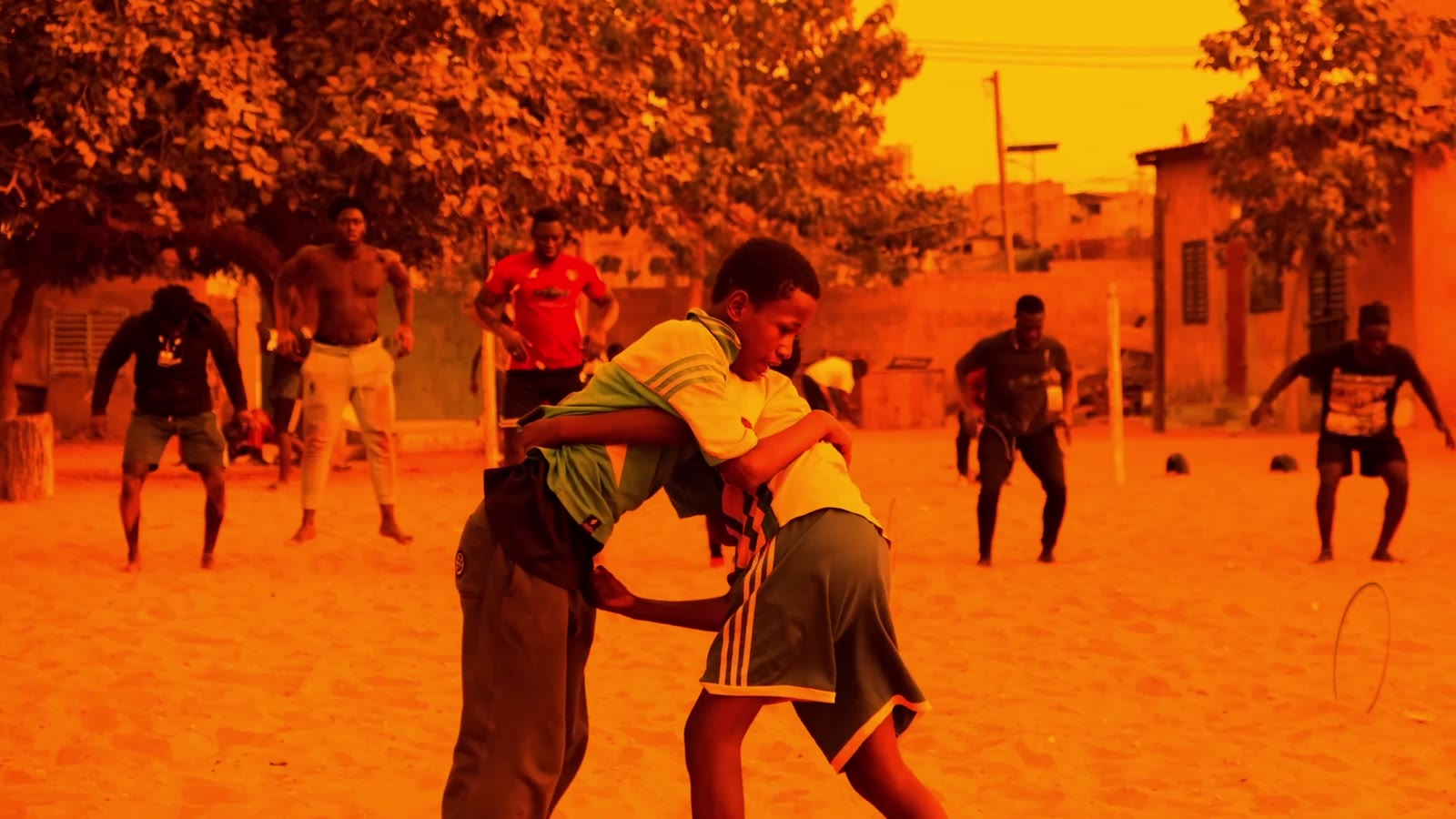 Two boys wrestling in orange evening light while others watch