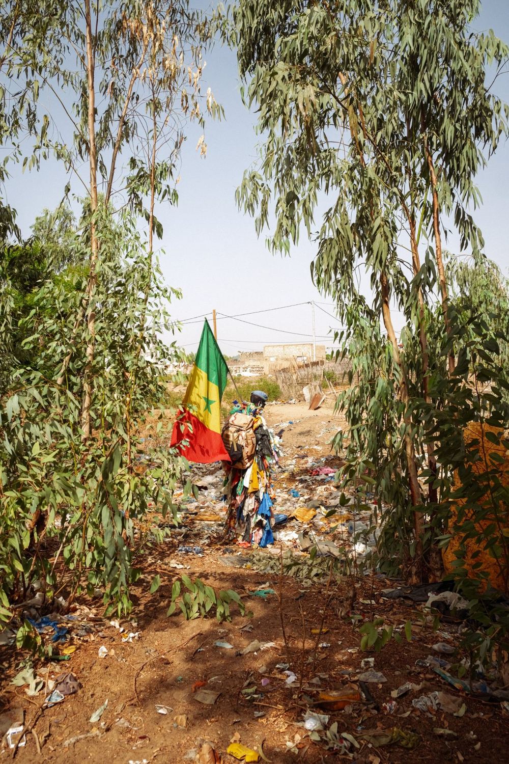 L’Homme Plastique seen from behind with a flag, walking through litter between eucalyptus trees